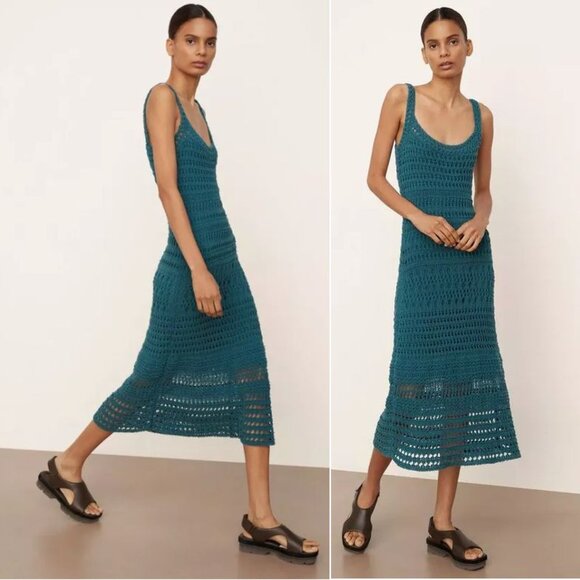 VINCE Lace Crochet Knit Midi DRESS Size L Teal Green Cotton Blend NEW $525 - Picture 3 of 9